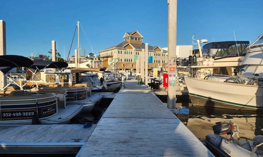 Wet Slips with boats parked at them at Steinhatchee Marina